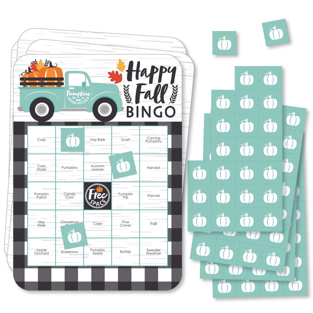 Big Dot of Happiness Happy Fall Truck - Bingo Cards and Markers - Harvest Pumpkin Party Shaped Bingo Game - Set of 18